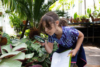 A girl is in the arboretum examining a plant, with a magnifying glass in one hand and a notebook in the other.