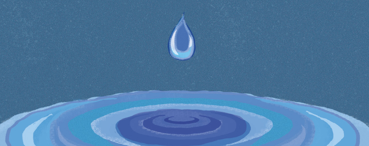 Graphic representation of a droplet of water poised above a pool of water. There water is represented by concentric circles, implying that another droplet just landed.