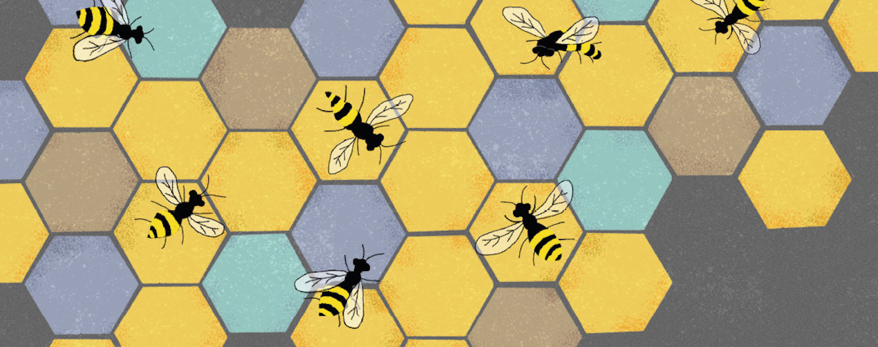 Graphic representation of a honeycomb with numerous bees on it, oriented in different directions.