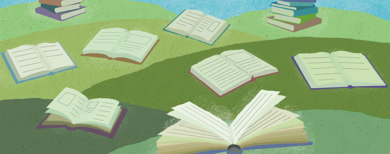 Graphic representation of many open books on grassy hills outdoors.