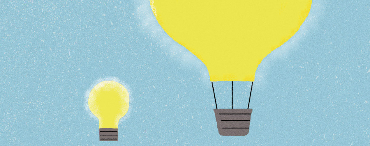 Drawing of a yellow lightbulb on a blue background, and a second lightbulb transformed to a hot air balloon.
