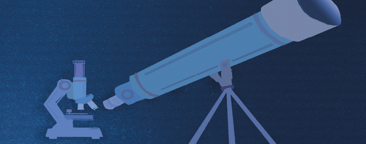 Graphic representation of a microscope and a telescope, both rendered in shades of blue, on a dark blue background