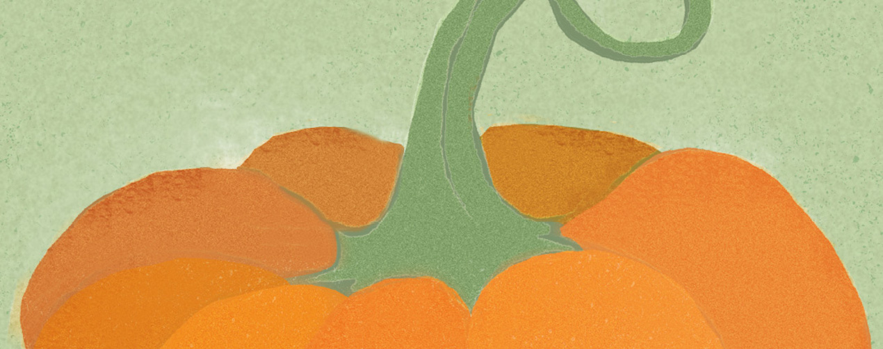 Graphic representation of the top of an orange pumpkin with a green stem on a pale green background.