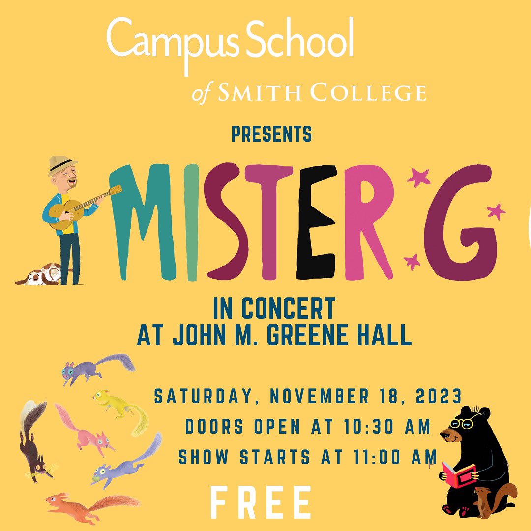 Campus School of Smith College presents Mister G in concert at John M. Greene Hall. 🎶Doors open at 10:30. 🎶 This is a FREE EVENT and open to the public! 
@mistergsongs is a Latin GRAMMY Award-winning artist, author, and educator. Hailed as “a bilingual rock star” by The Washington Post, and “irresistble” by People magazine, he tours internationally playing everywhere from Lollapalooza and Lincoln Center to climate change rallies on Capitol Hill. An official partner of the United States Forest Service and the author of four multicultural picture books published by Penguin Random House, MISTER G’s stories and songs performances aim to help children see each other across borders and foster cross-cultural connections #misterg #smithcollege #localmusic #northamptonma #johnmgreenehall #howmanysquirrelsareintheworld #chocolalala