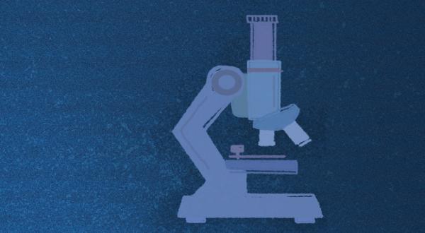 Graphic representation of a microscope on a blue background.