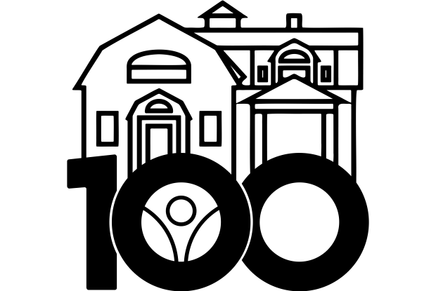 A simple outline of the Campus School building with "100" undereath.